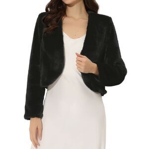 Cropped Jacket Faux Fur Long Sleeve Open Front Bolero Winter Coat Black
